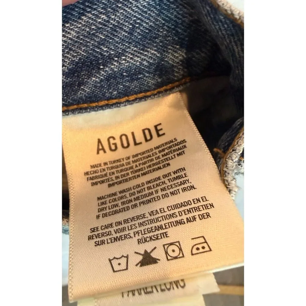 AGOLDE Parker Long Frayed Hem Button Fly Blue Denim Cutoff Shorts Size 23
